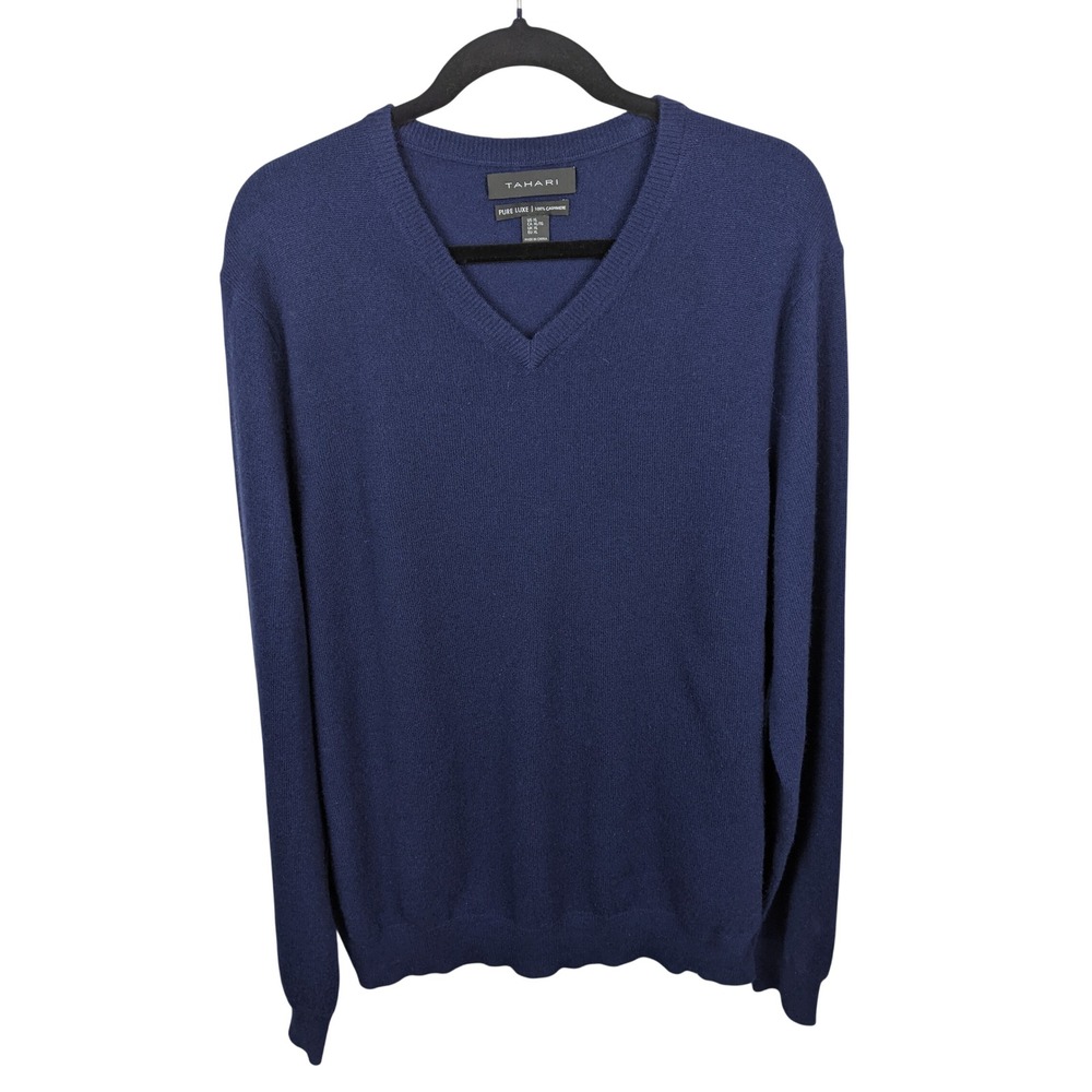 Tahari Mens Pure Luxe 100% Cashmere V-Neck Sweater‎ Navy Blue XL 0449